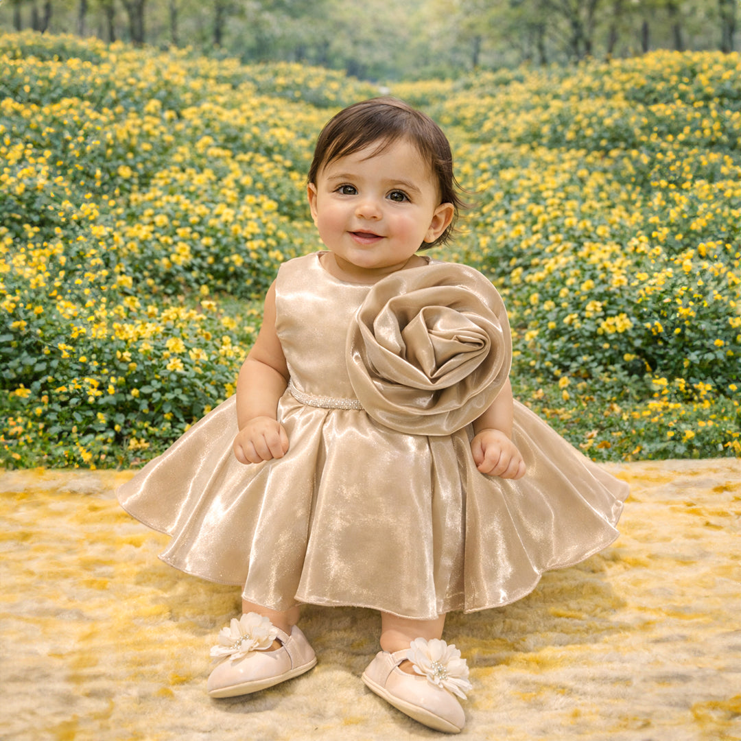 Gold baby girl party dress with statement rose detail
Premium shimmer fabric for a luxurious look
Lightweight and comfortable for all-day wear
Flared silhouette for elegant volume
Ideal for birthdays, weddings, and photoshoots
Coordinated styling for a complete occasion outfit